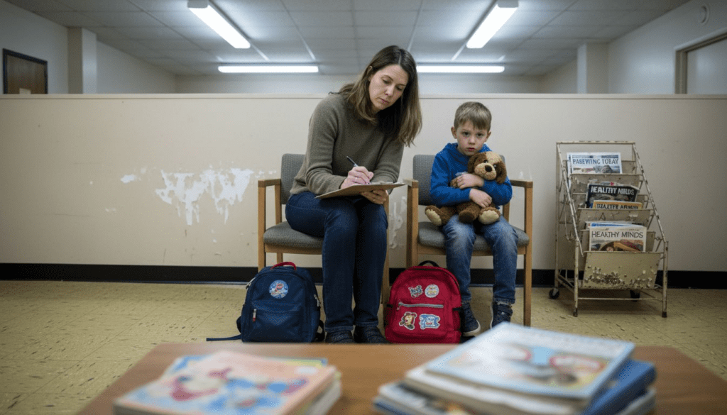 Parent and child waiting for therapy session