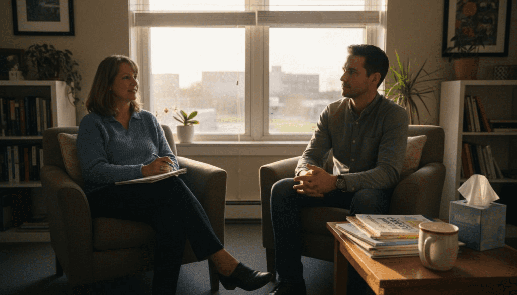 Therapist and client in city office session