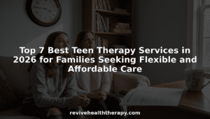 Family waiting in suburban teen therapy office