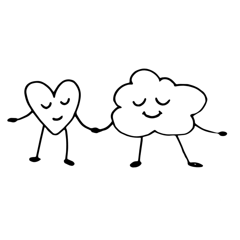 Hand-drawn illustration of a cartoon heart and cloud peacefully holding hands.