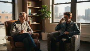 Therapist and client in corner office session