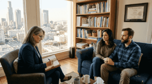 Therapist meeting couple in LA corner office
