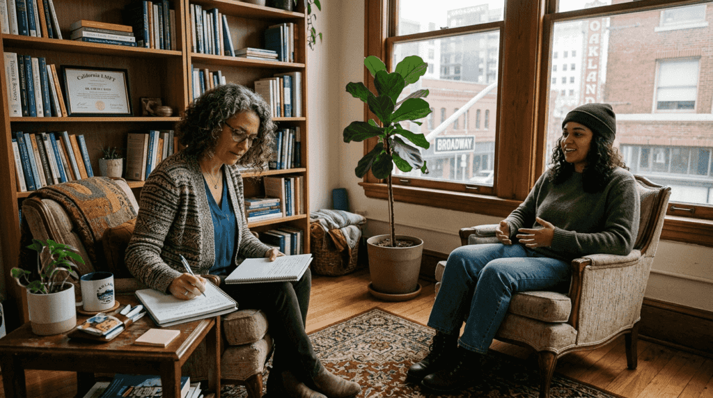 Therapist and client in California office session