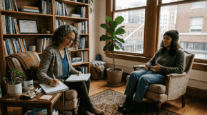 Therapist and client in California office session