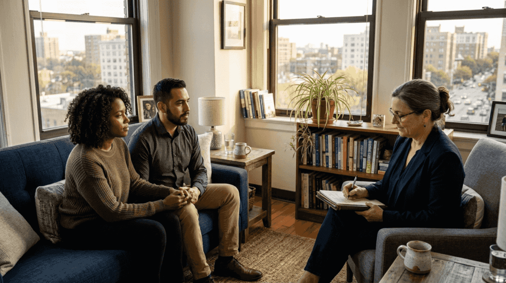 Couple and therapist in bright counseling office