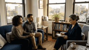 Couple and therapist in bright counseling office