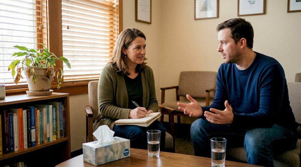 Therapist listens and takes notes in office session