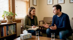 Therapist listens and takes notes in office session