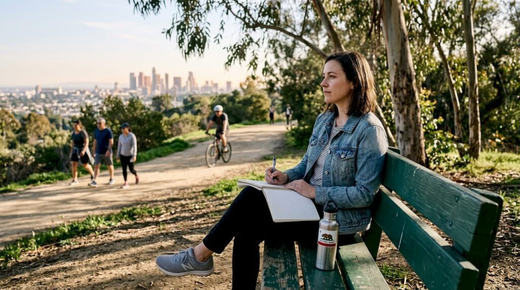 Woman journaling quietly in California park