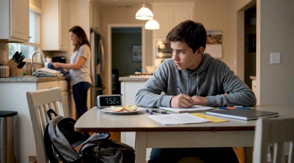 Teen boy journaling anxiously at kitchen table