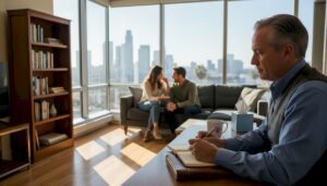 Marriage therapist with couple in California office