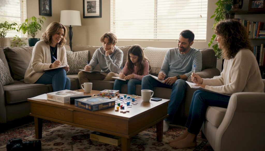 California family in therapy session at home