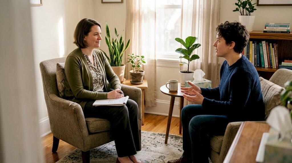 Therapist speaking with client in relaxed office