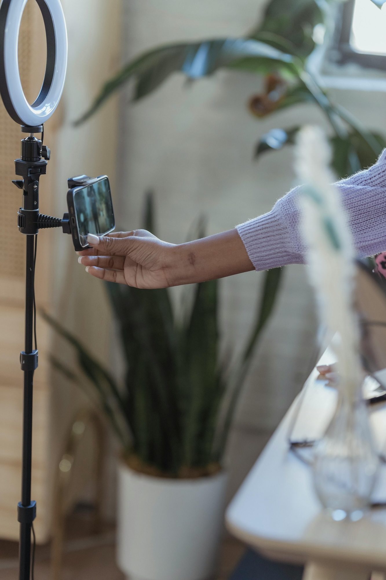 Content creator working and setting up their filming setup.