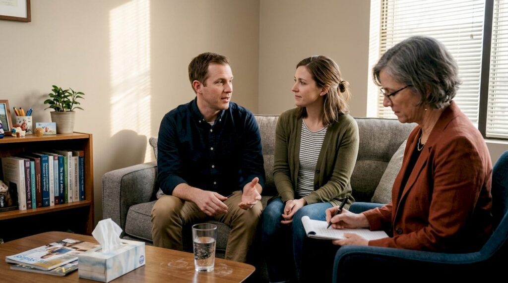 Married couple in therapist office discussion