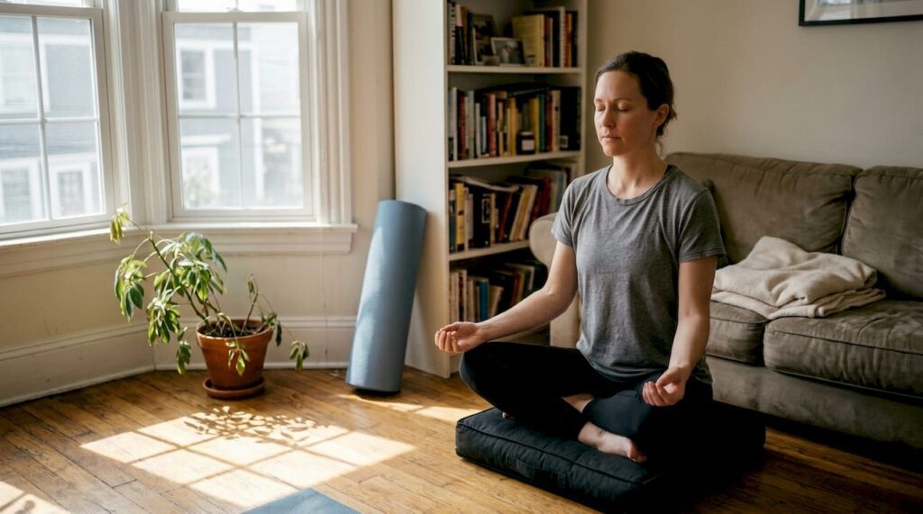 Woman practicing mindfulness in sunlit living room