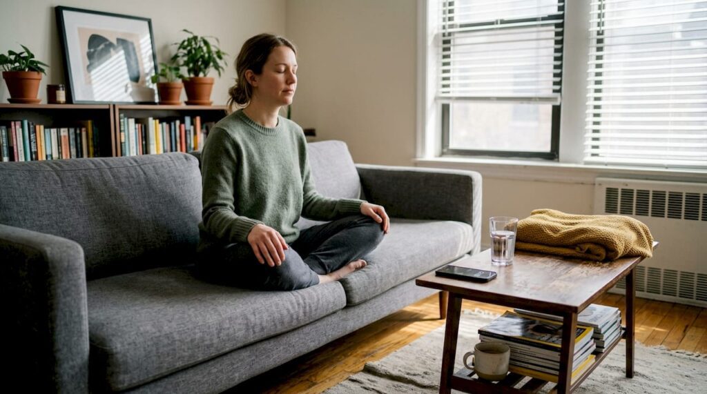 Woman practicing mindfulness on sofa at home