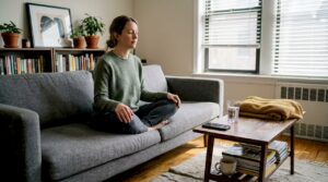 Woman practicing mindfulness on sofa at home