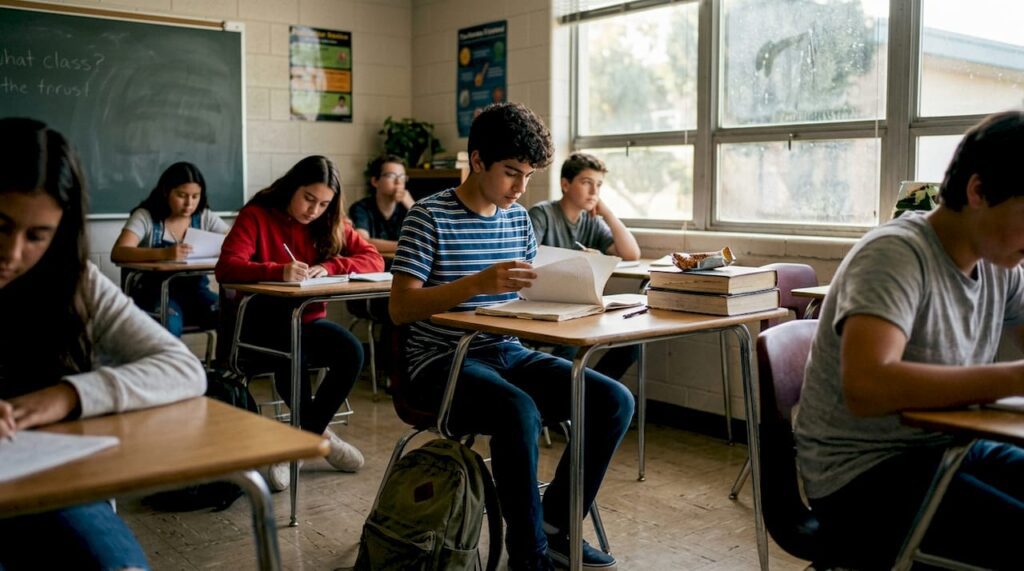 Teen boy studying in California classroom