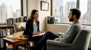 Therapist and client in real office conversation