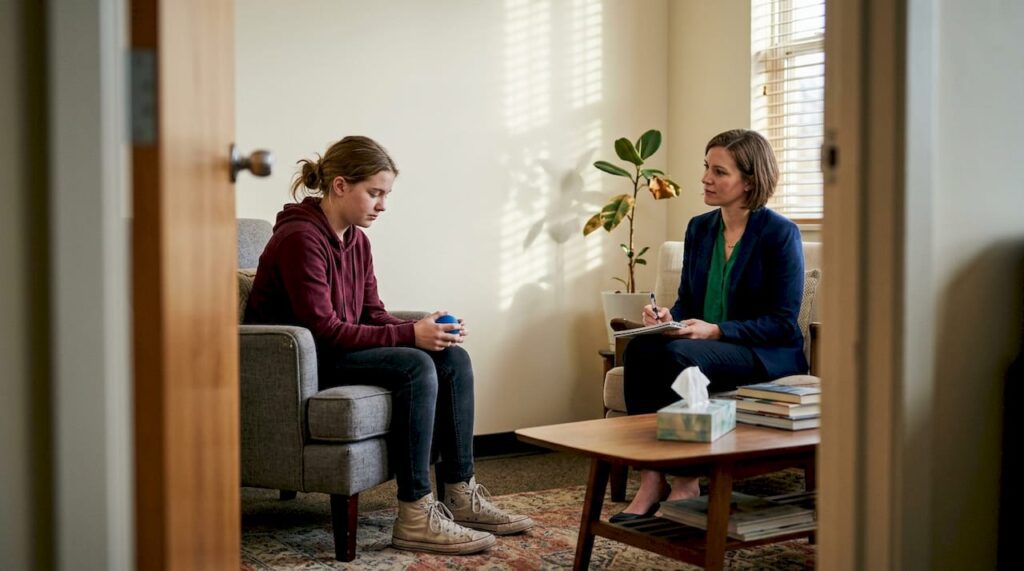 Teen girl and therapist in counseling session
