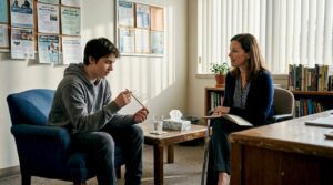 Teen speaking with counselor in office setting