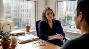 Therapist and client conversing in California office