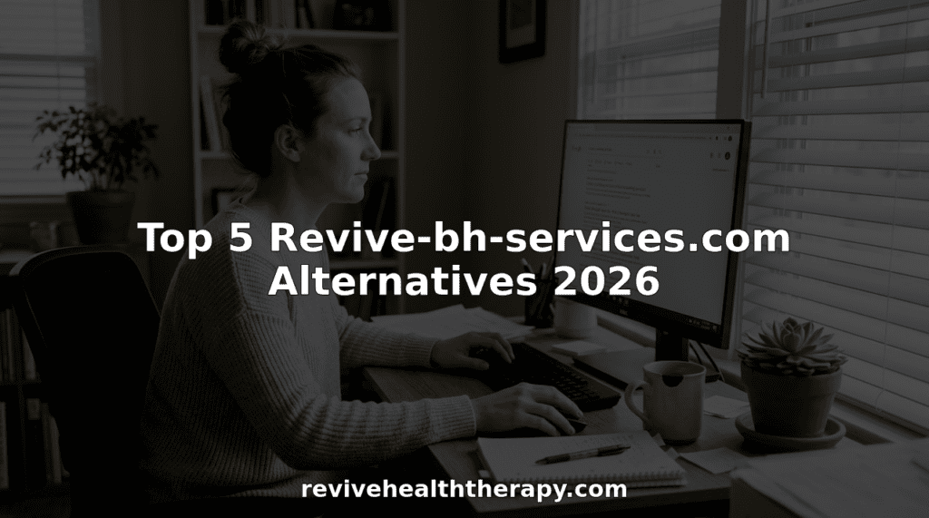 Person researching mental health service alternatives at home desk