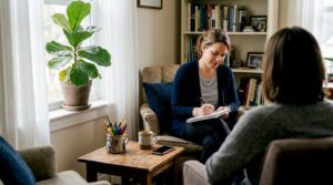 Therapist taking notes during real session