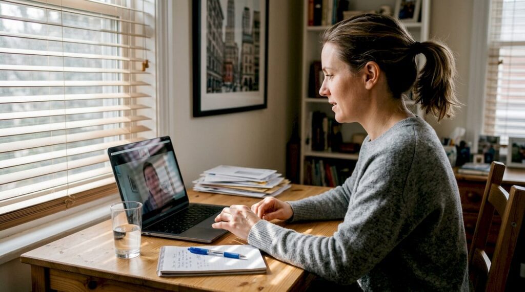 Woman attending online therapy in home office