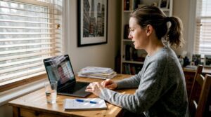 Woman attending online therapy in home office