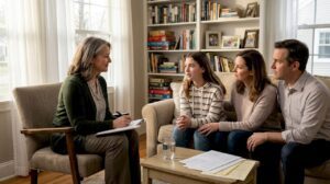 Family therapist guiding living room conversation