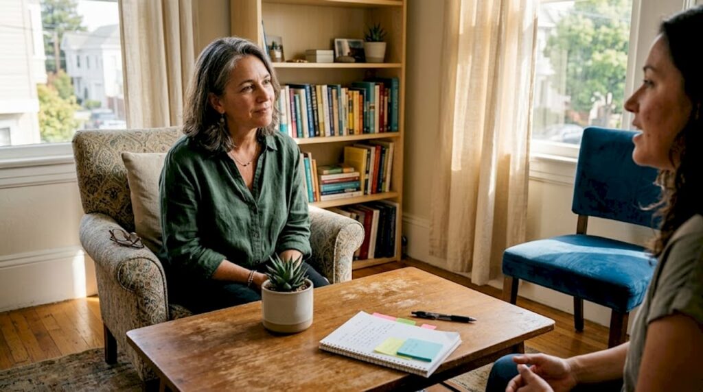 Therapist listening to client in Oakland office