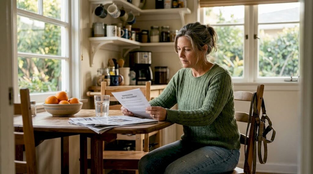 Woman reading depression self-assessment in kitchen