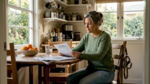 Woman reading depression self-assessment in kitchen
