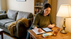 Woman writing anxiety self-care checklist at table