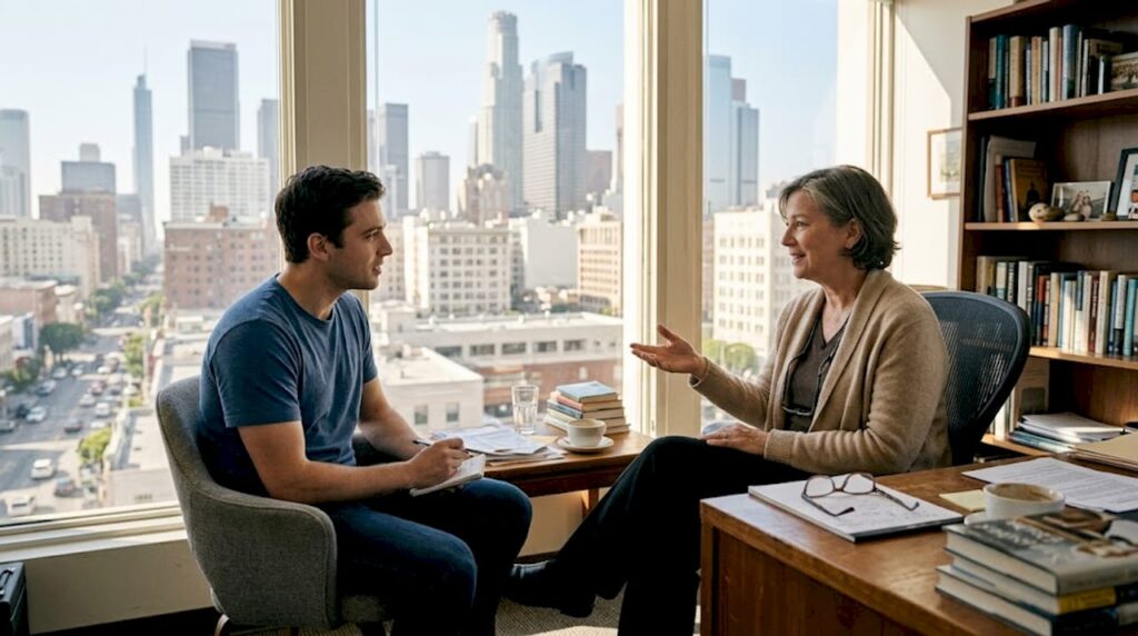 Therapist and client in sunny California office