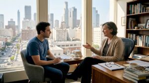 Therapist and client in sunny California office
