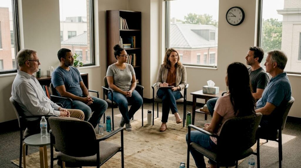 Adults participating in group therapy session