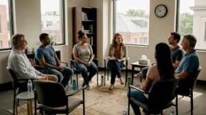 Adults participating in group therapy session