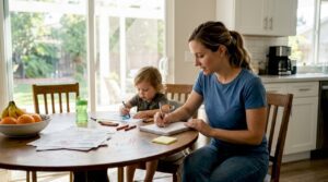 Parent making mental health notes at kitchen table