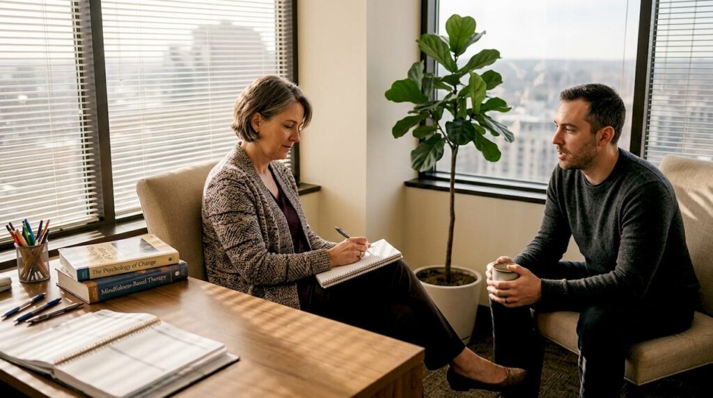 Therapist and client discussing acceptance strategies