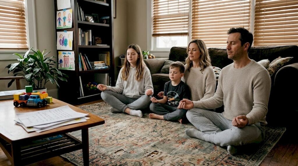 Family practicing mindfulness in living room