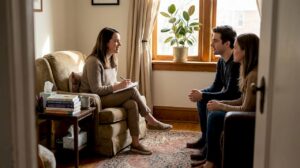 Therapist consulting with clients in cozy home office