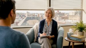 Therapist conducting session in sunlit office