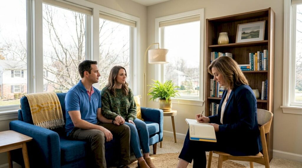 Couple in counseling session with therapist