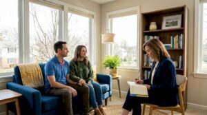Couple in counseling session with therapist