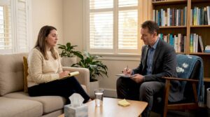 Therapist and patient in careful discussion