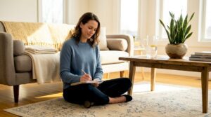 Woman journaling in sunlit living room for holistic wellness