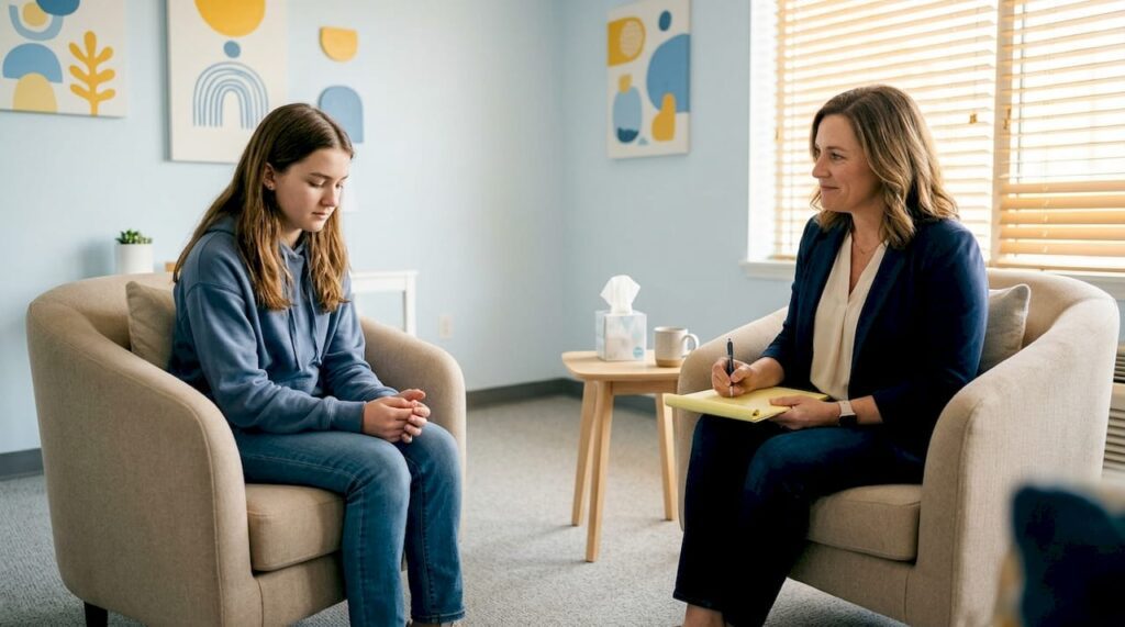 Teen and therapist in casual counseling office
